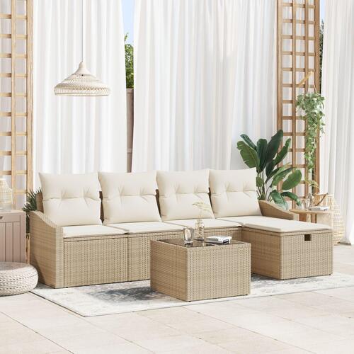 6 Piece Havemøbel Sæt med Puder Beige Poly Rattan