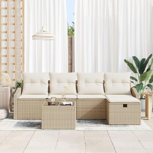6 Piece Havemøbel Sæt med Puder Beige Poly Rattan
