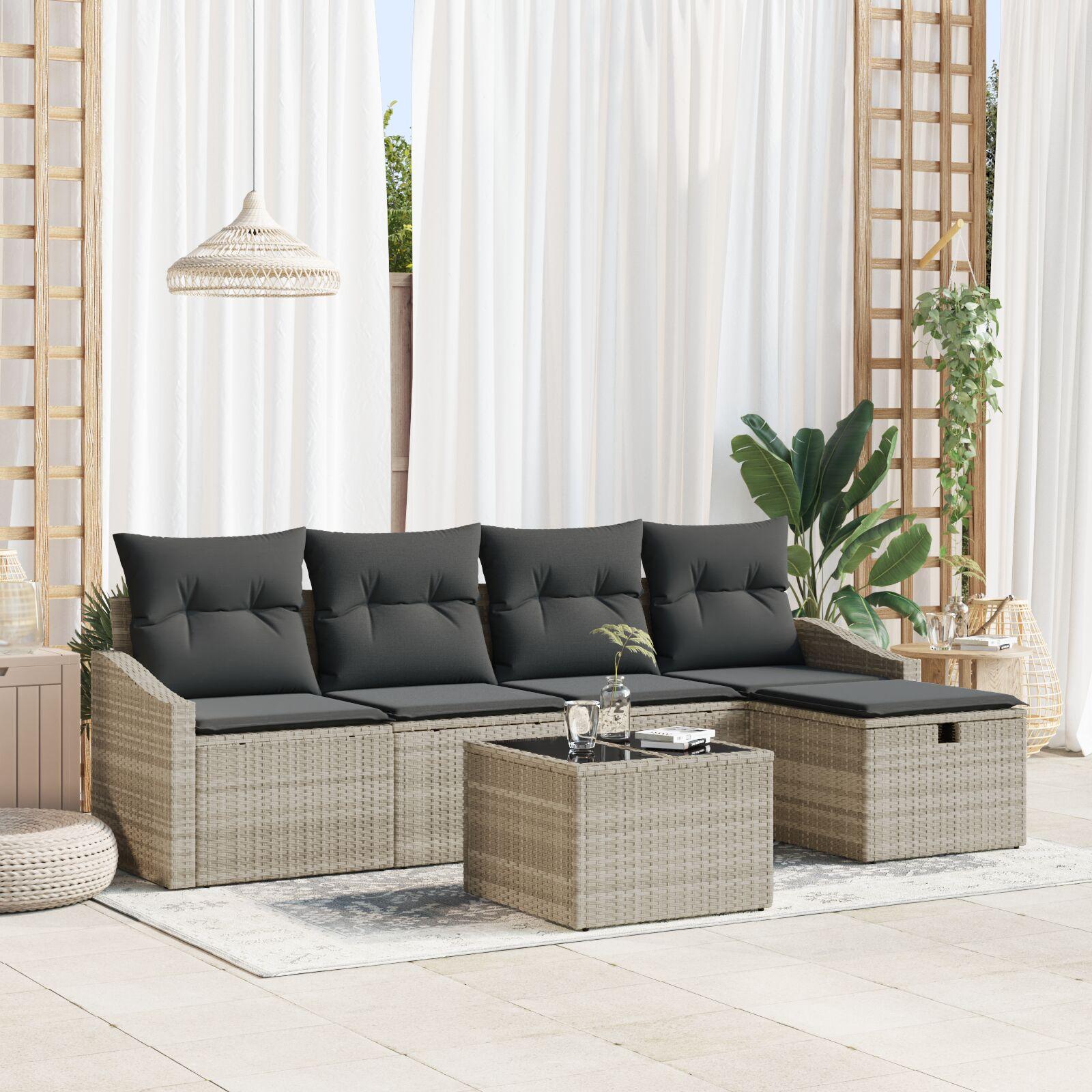 6 Delers Have Sofa Sæt med Puder i Lysegrå Poly Rattan