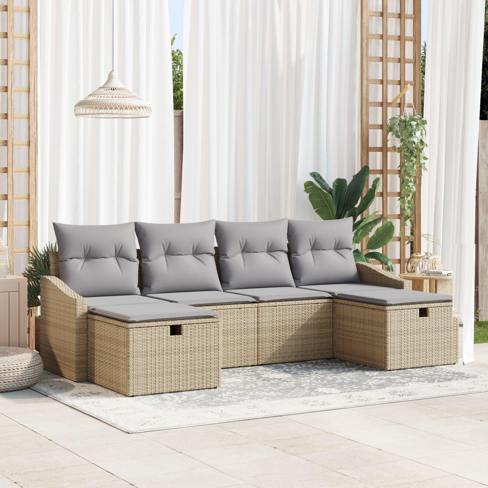 6-delt Have Sofa Sæt med Puder Beige Poly Rattan