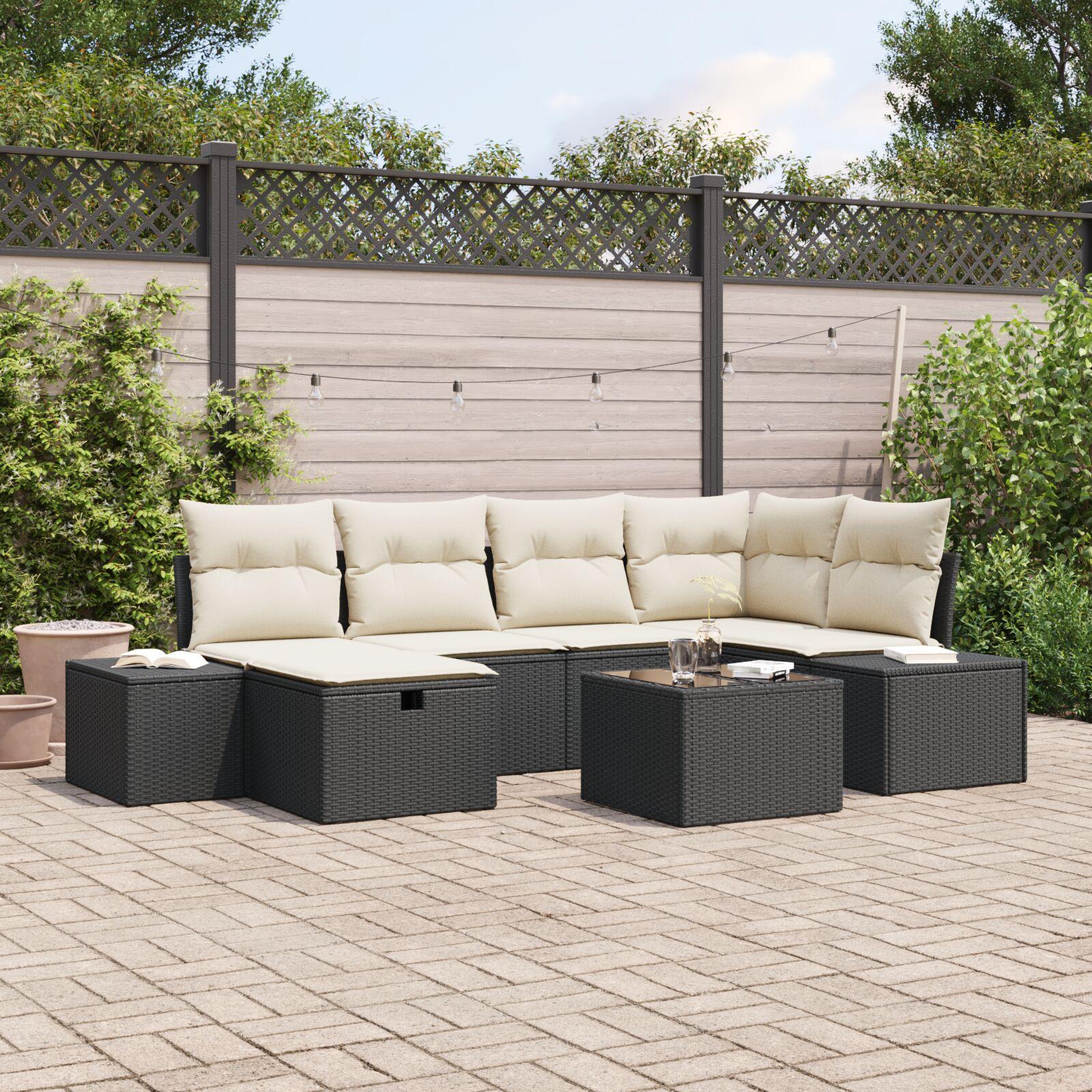 Havesofa sæt 7 stk. i sort polyrattan med puder