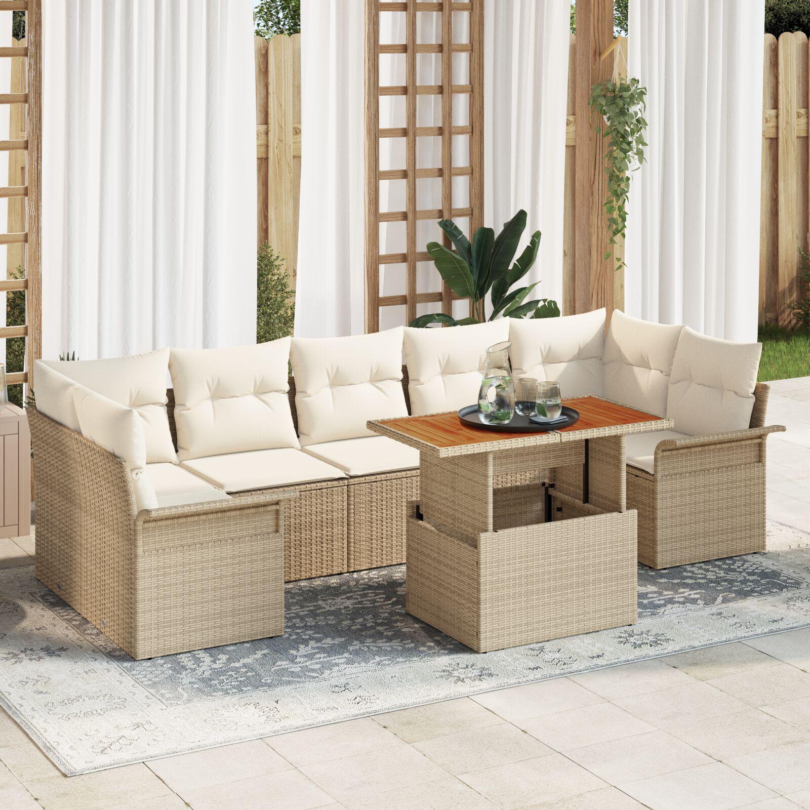 8 Stykker Havesofa Sæt med Puder Beige Poly Rattan Acacia