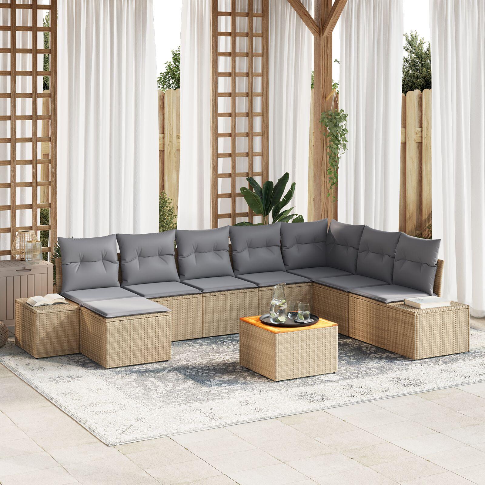 Havesofa sæt 9 dele - beige/lysegrå modulopbygget rattan med opbevaring
