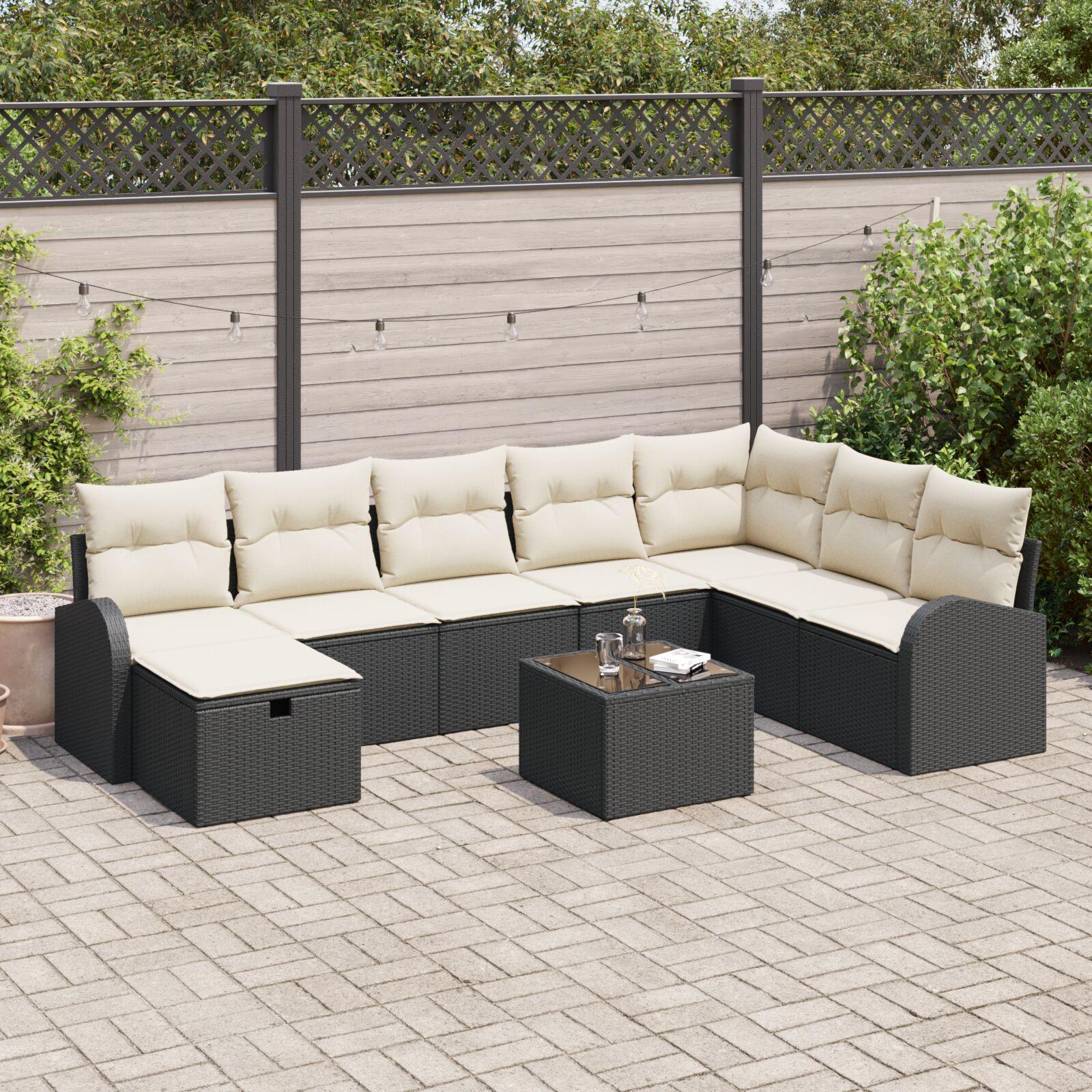 Sofa sæt 9 stk. i sort og cremefarvet polyrattan