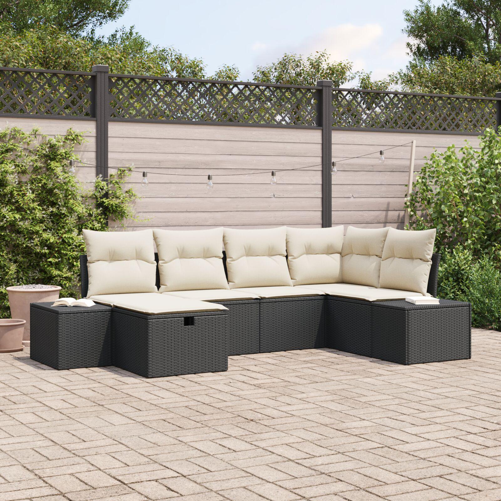 Havesofa sæt 6 stk. i sort polyrattan med puder