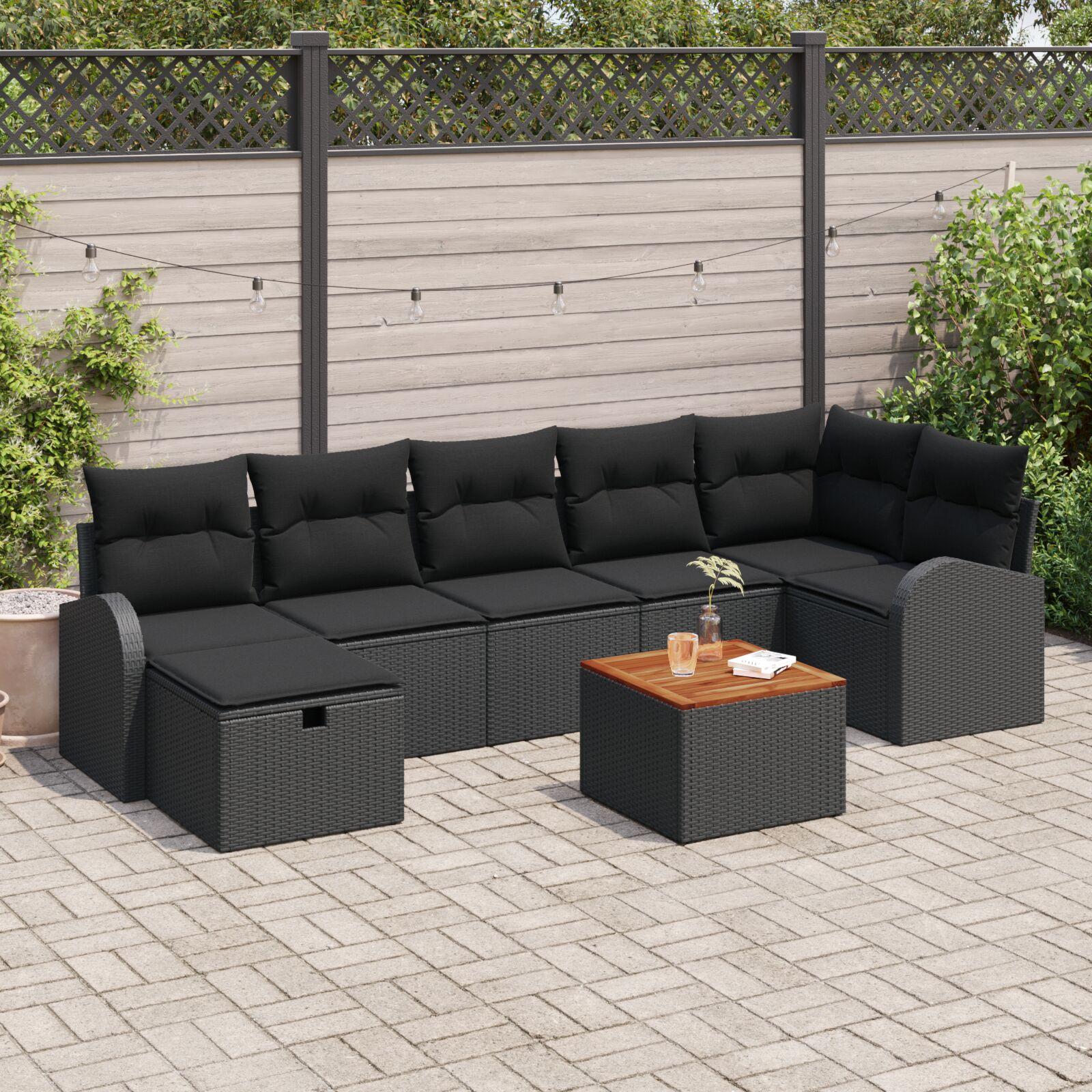 Havesofa Sæt med pude med opbevaring 8 stk Sort Poly rattan billede
