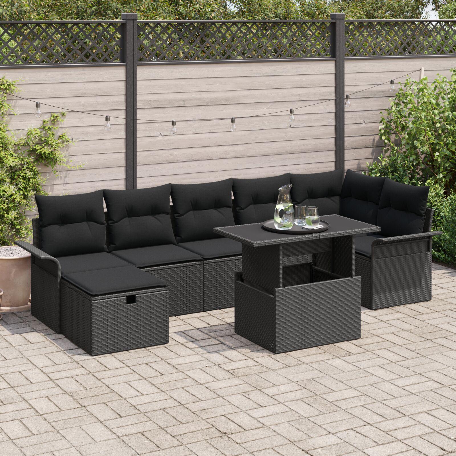 Havesofa Sæt med pude med opbevaring 8 stk Sort Poly rattan billede