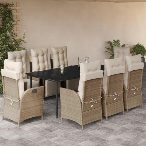 Spisebordssæt til haven 9 dele med hynder polyrattan beige