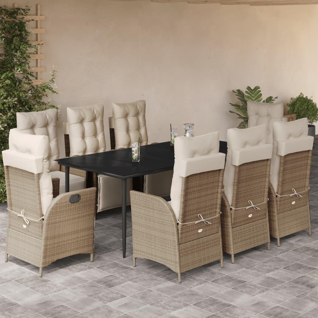Spisebordssæt til haven 9 dele med hynder polyrattan beige