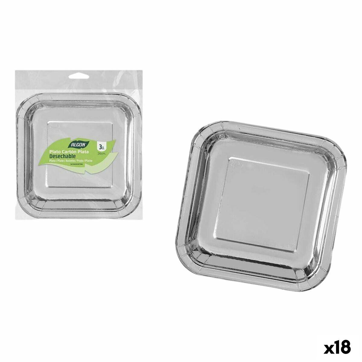 Algon engangstallerkener sølv, firkantet 26 cm - 18× (3 stk. pr. pakke)