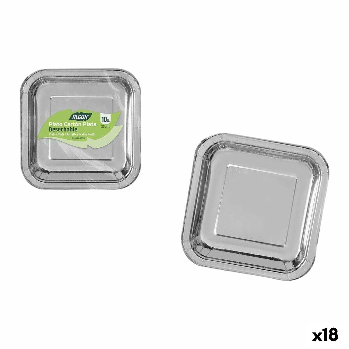 Algon engangstallerkener sølv - firkantede 23 cm, 10 stk. (18 pakker)