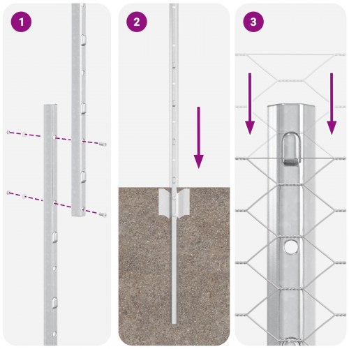 Hegnpæle 22 stk U-kanal 140 cm galvaniseret stål, Sekskantet hegn 1,4x50 m galvaniseret stål