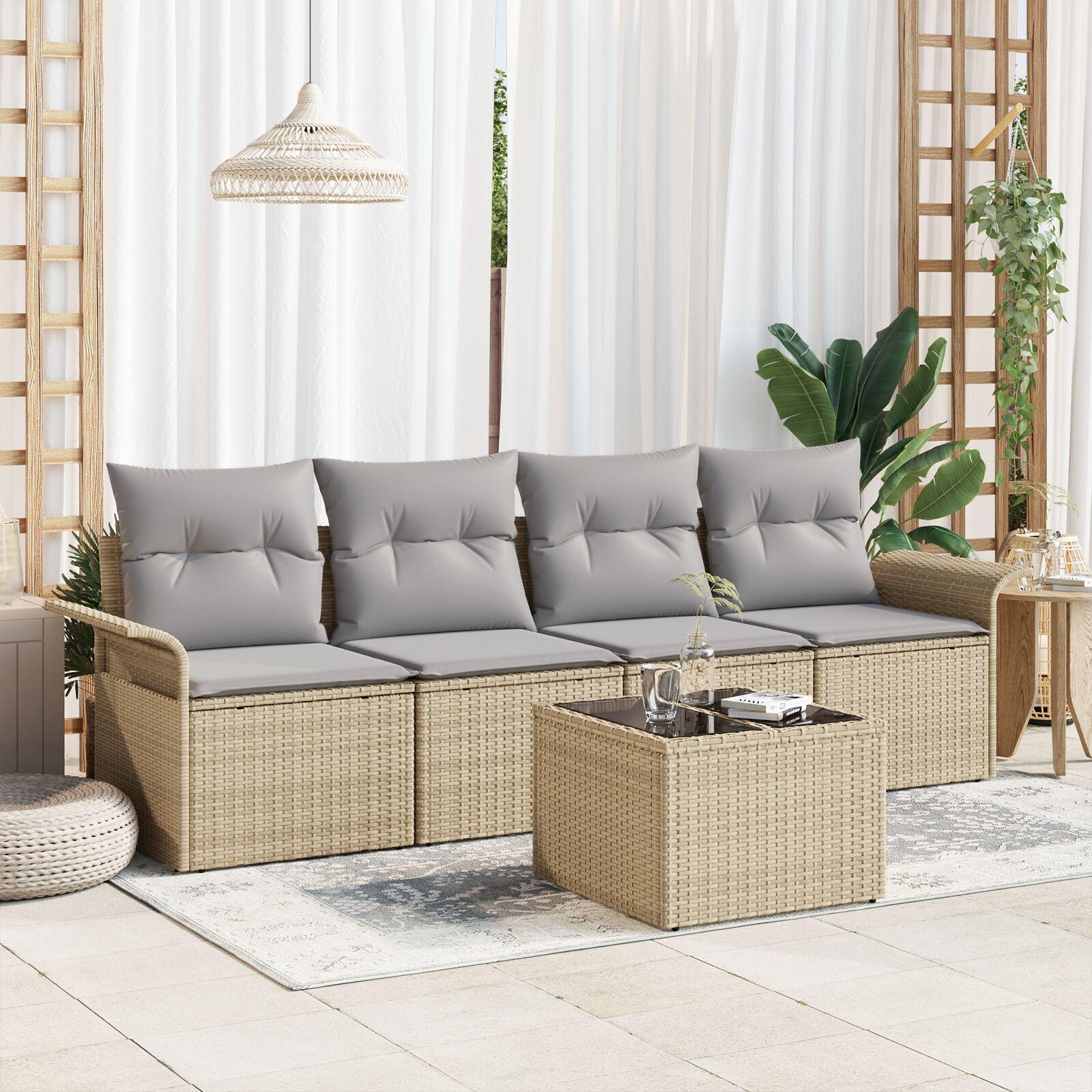 5-delt Have Sofa Sæt med Puder Beige Poly Rattan