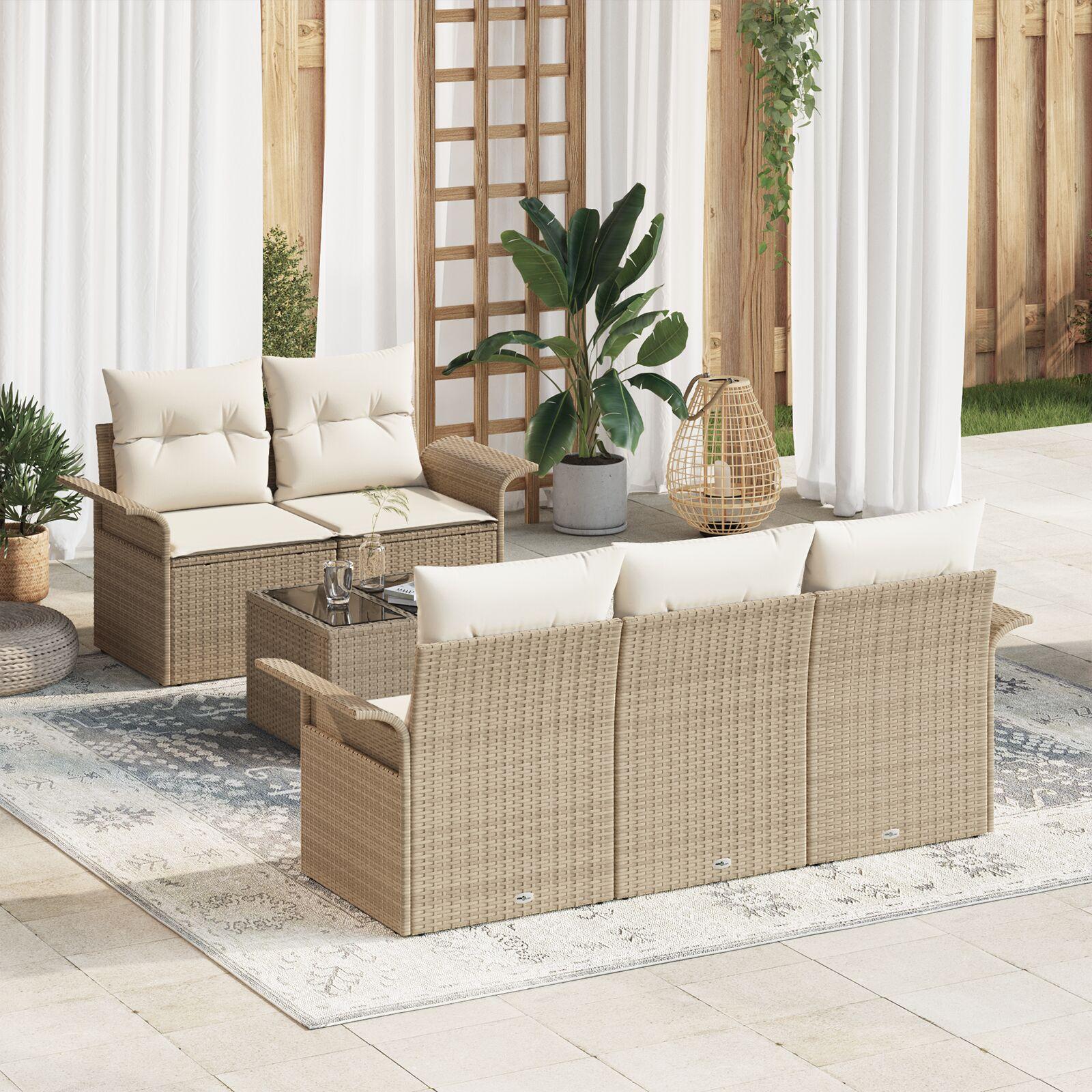 6 Stk Havesofa sæt med puder Beige Poly Rattan