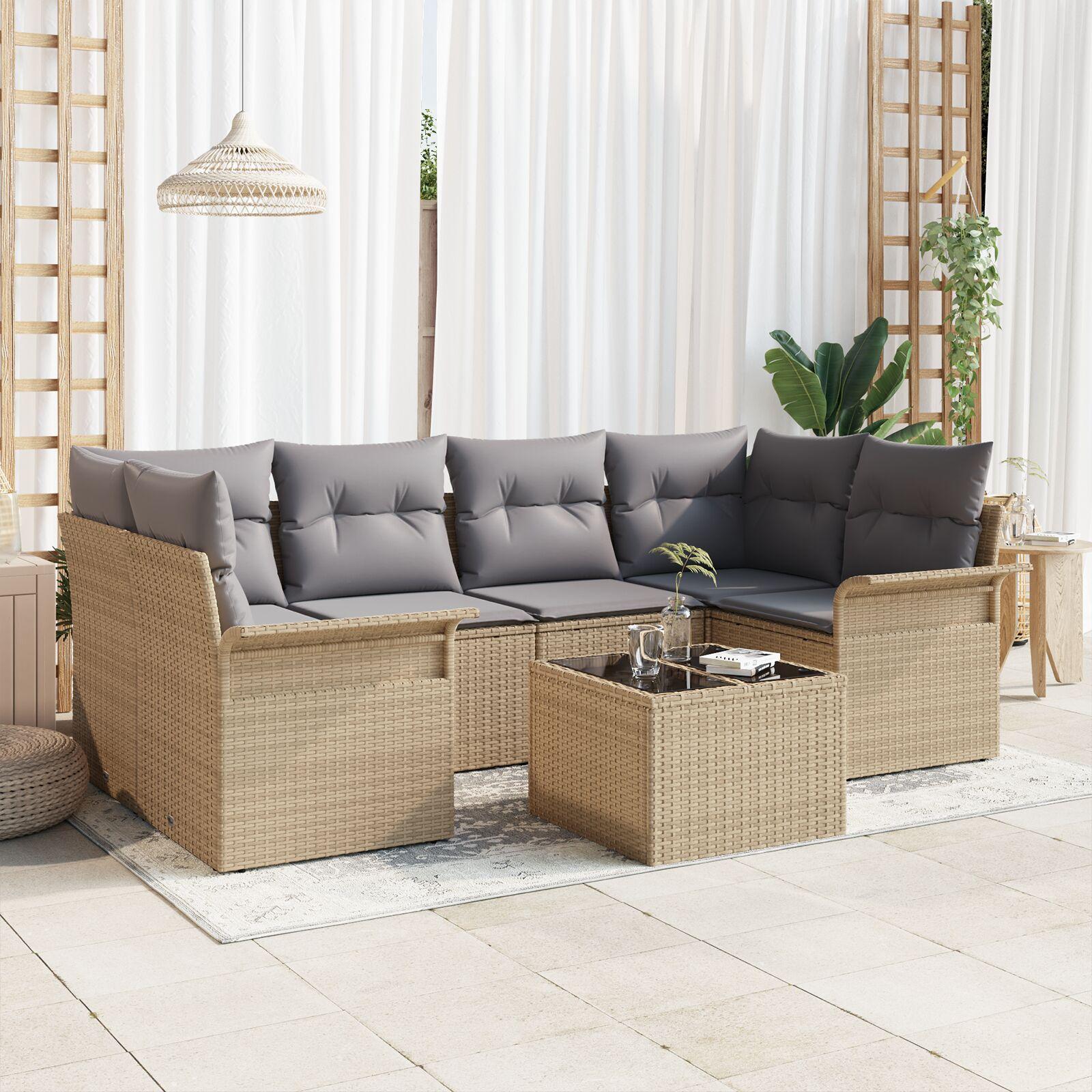 7-delt Have Sofa Sæt med Puder Beige Poly Rattan