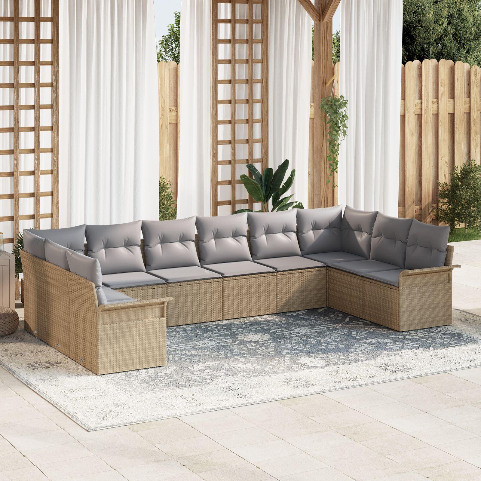 10 Piece Have Sofa Sæt med Hynder Beige Poly Rattan