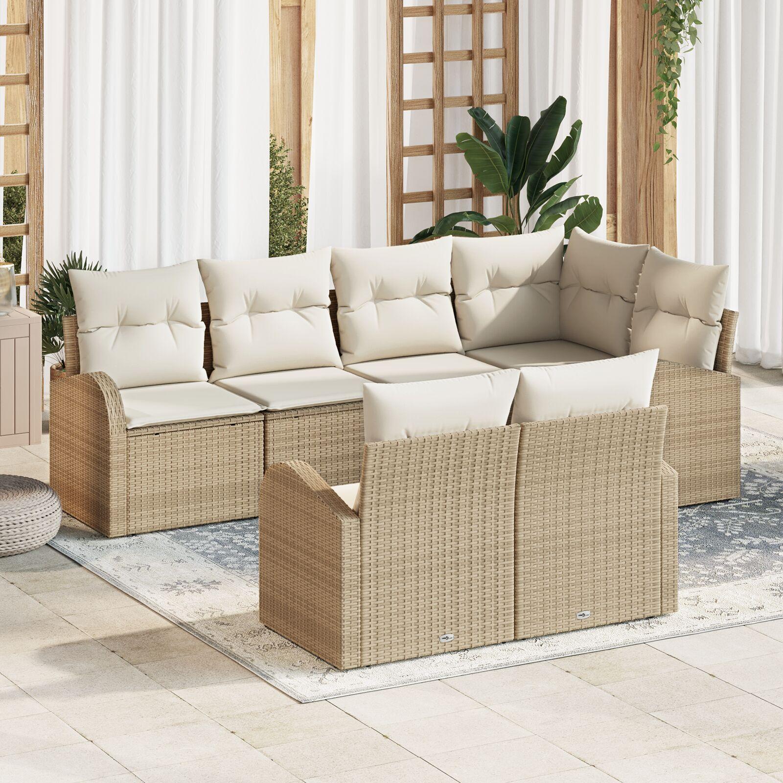 7 Delers Have Sofa Sæt med Puder Beige Poly Rattan