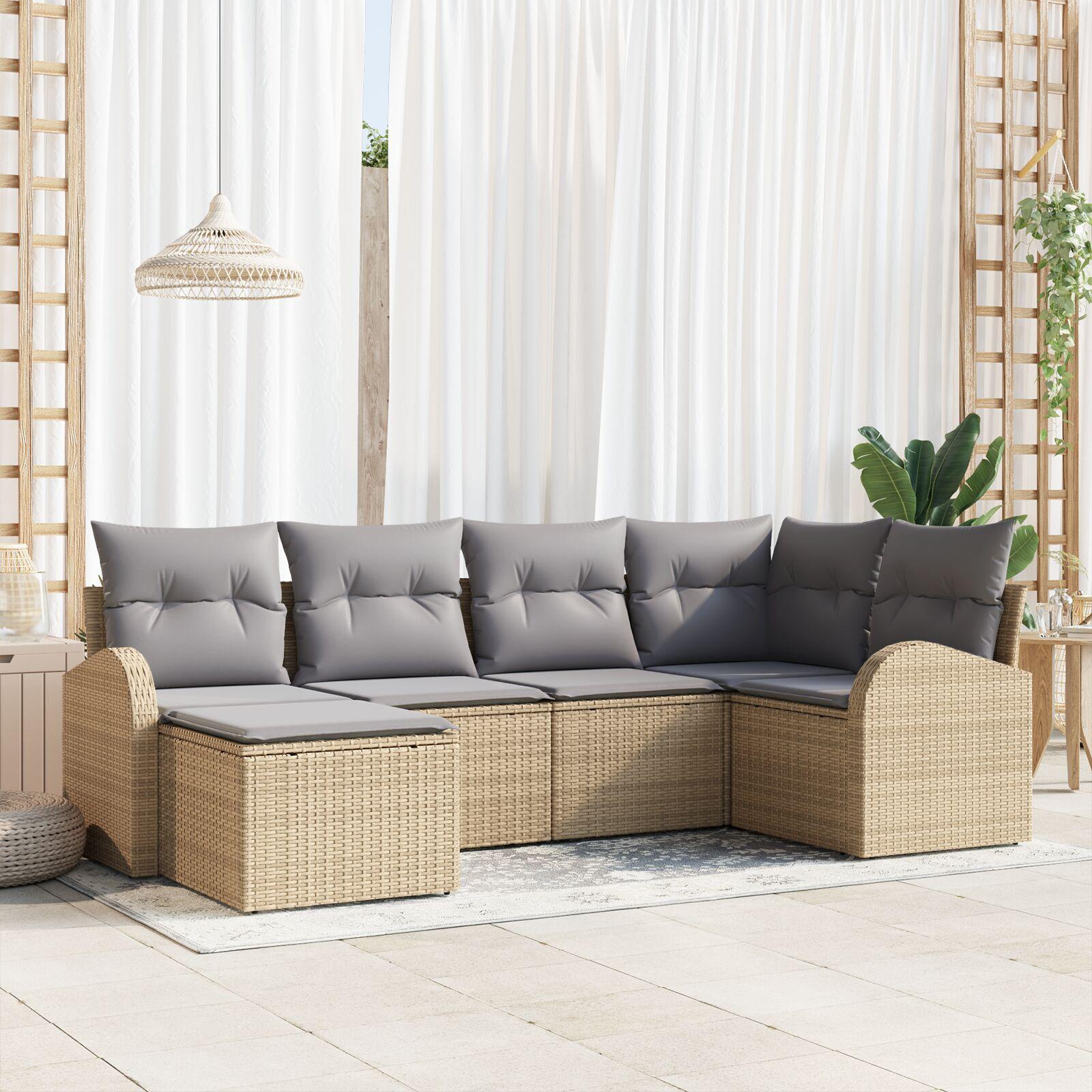 6 Delt Havesofa Sæt med Puder Beige Poly Rattan