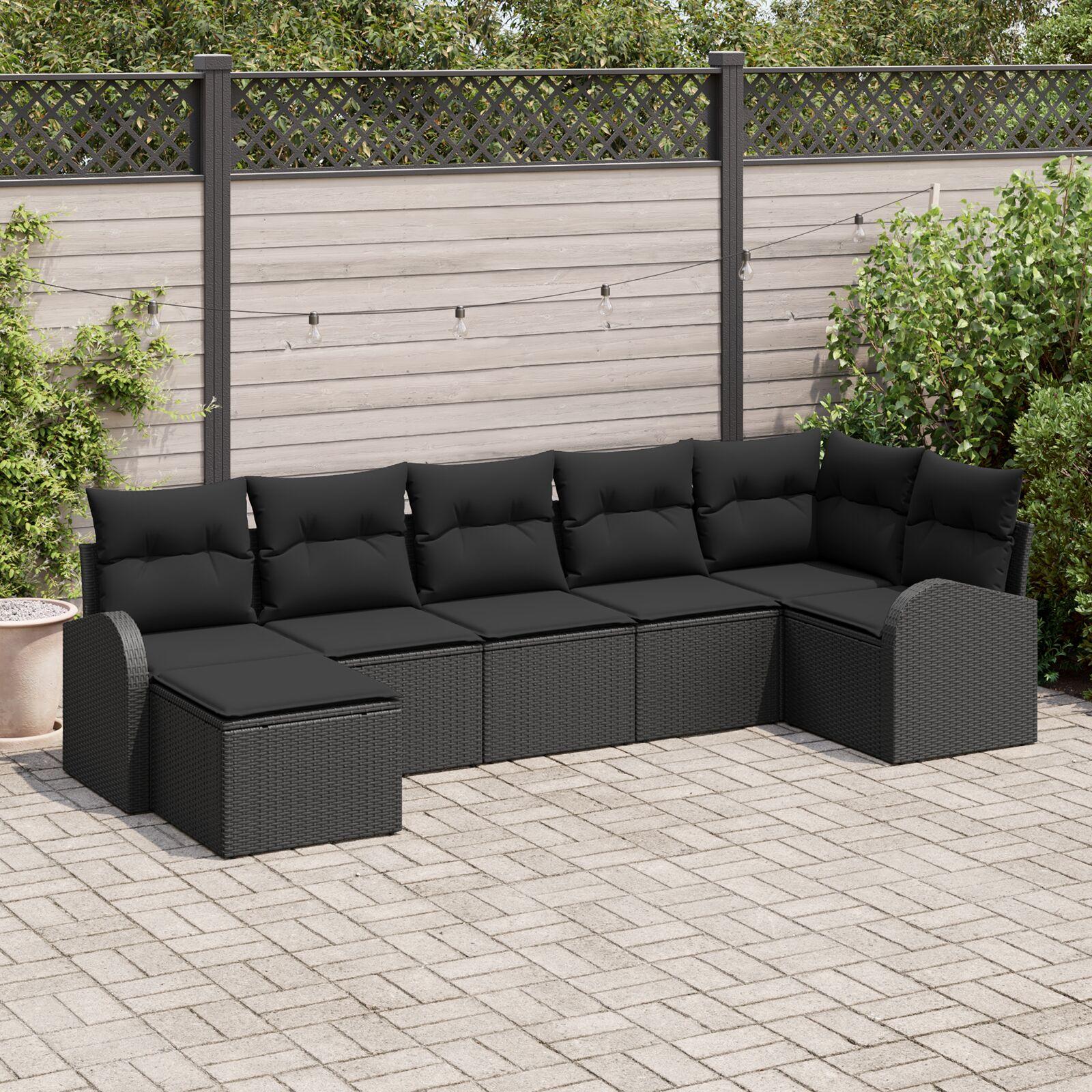 Modulær havesofa sæt med puder - 7 dele, sort poly rattan billede