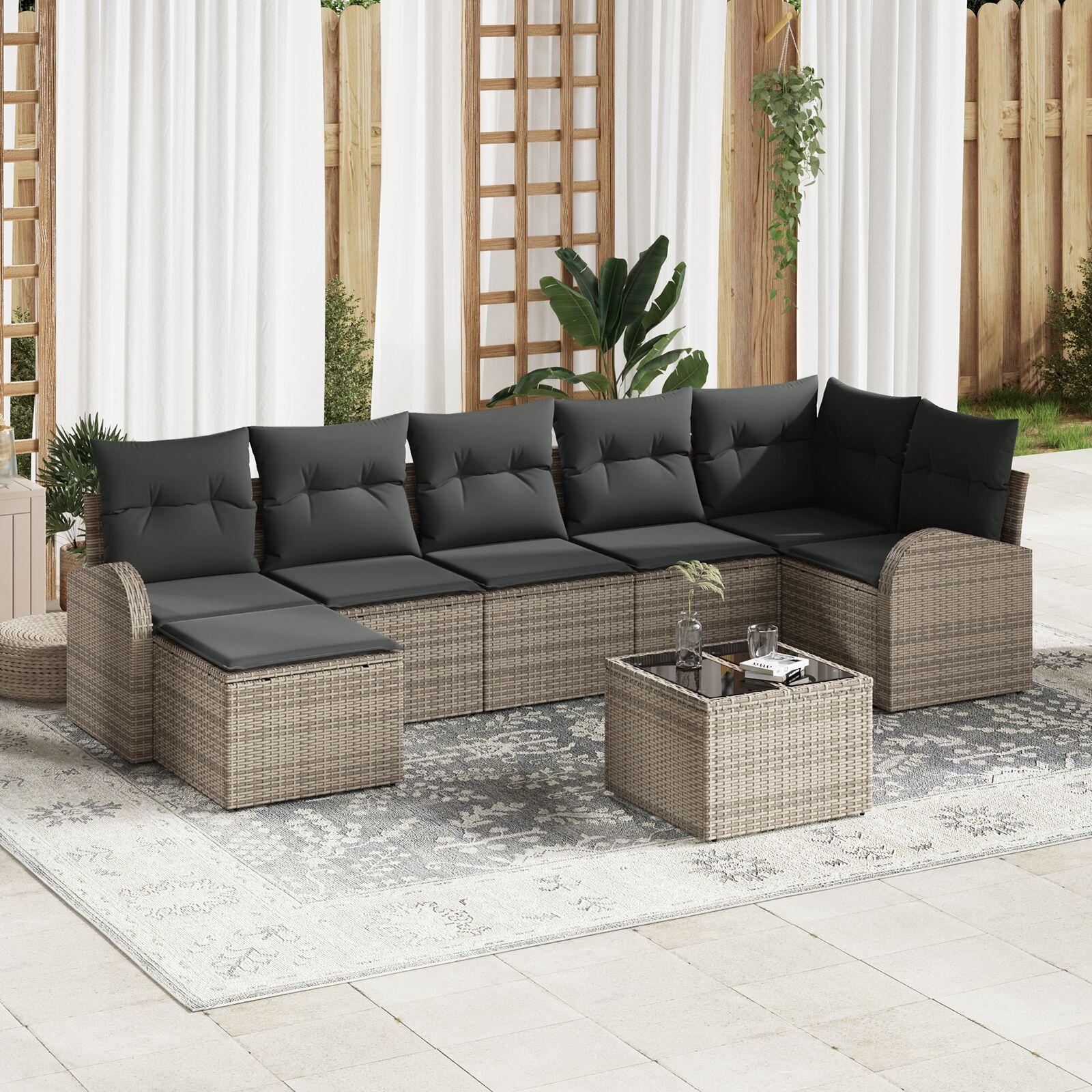 7 Piece Havemøbel Sæt med Puder Sort Polyrattan
