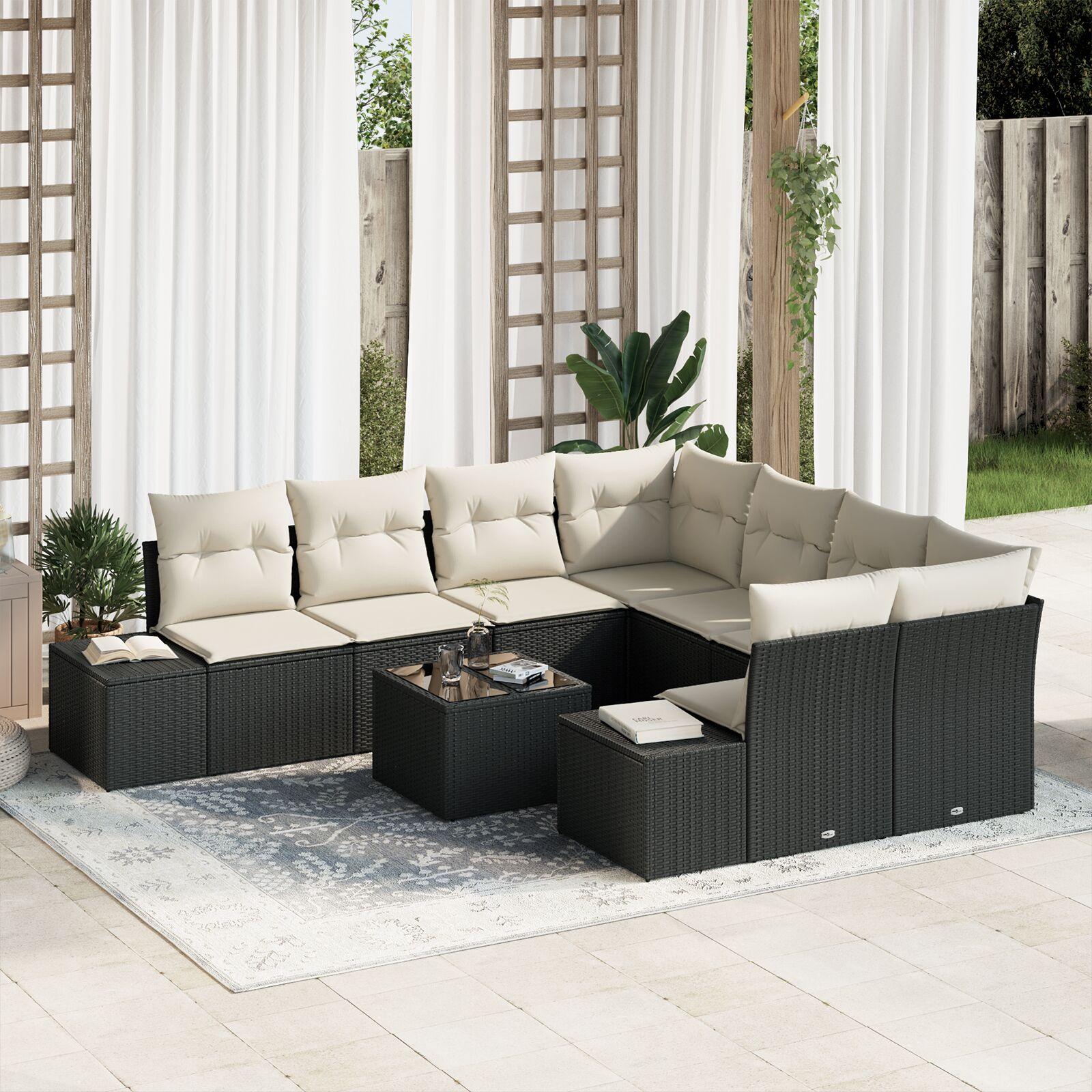 9 Stykke Havemøbel Sæt med Puder Sort Poly Rattan