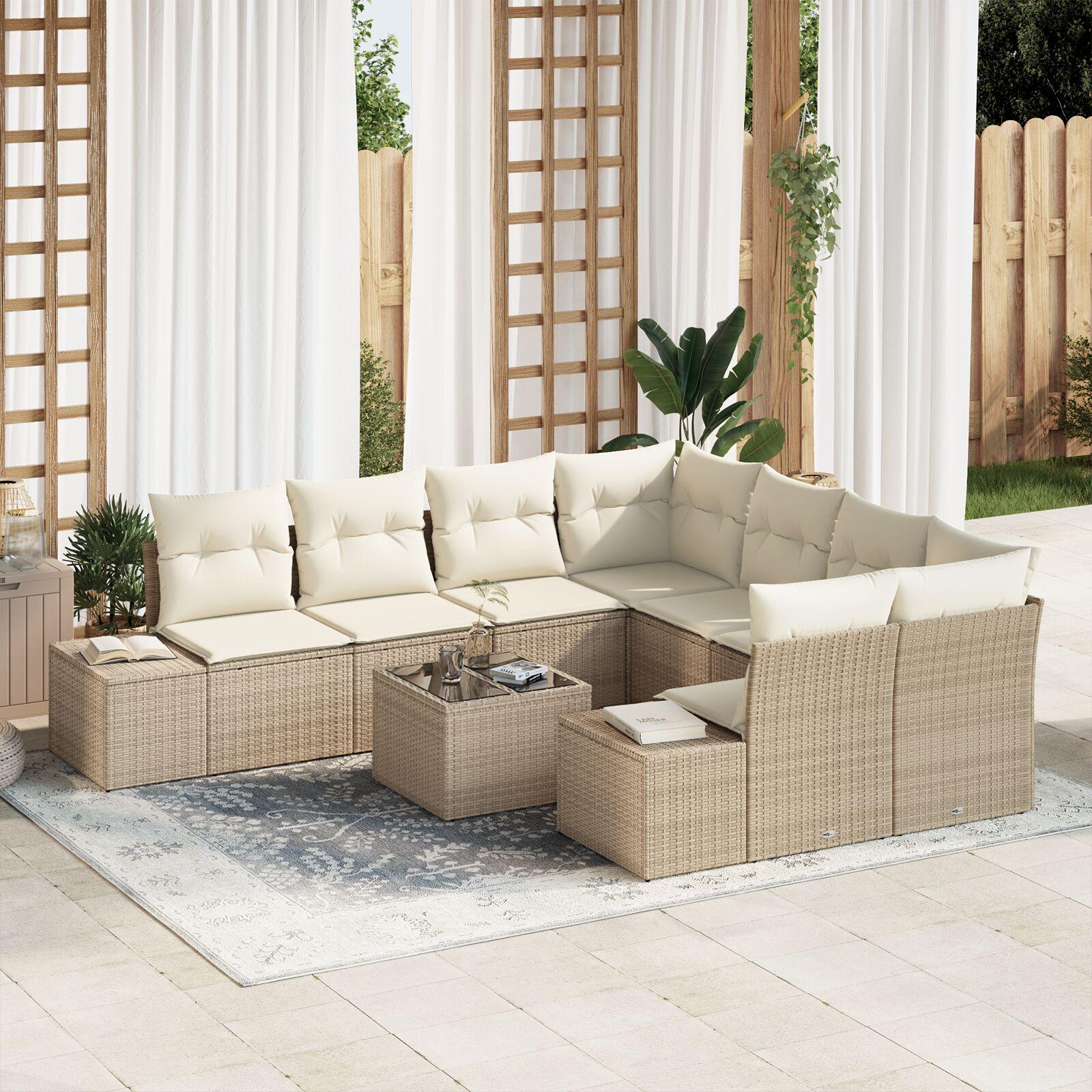 9 Delt Have Sofa Sæt med Puder Beige Poly Rattan