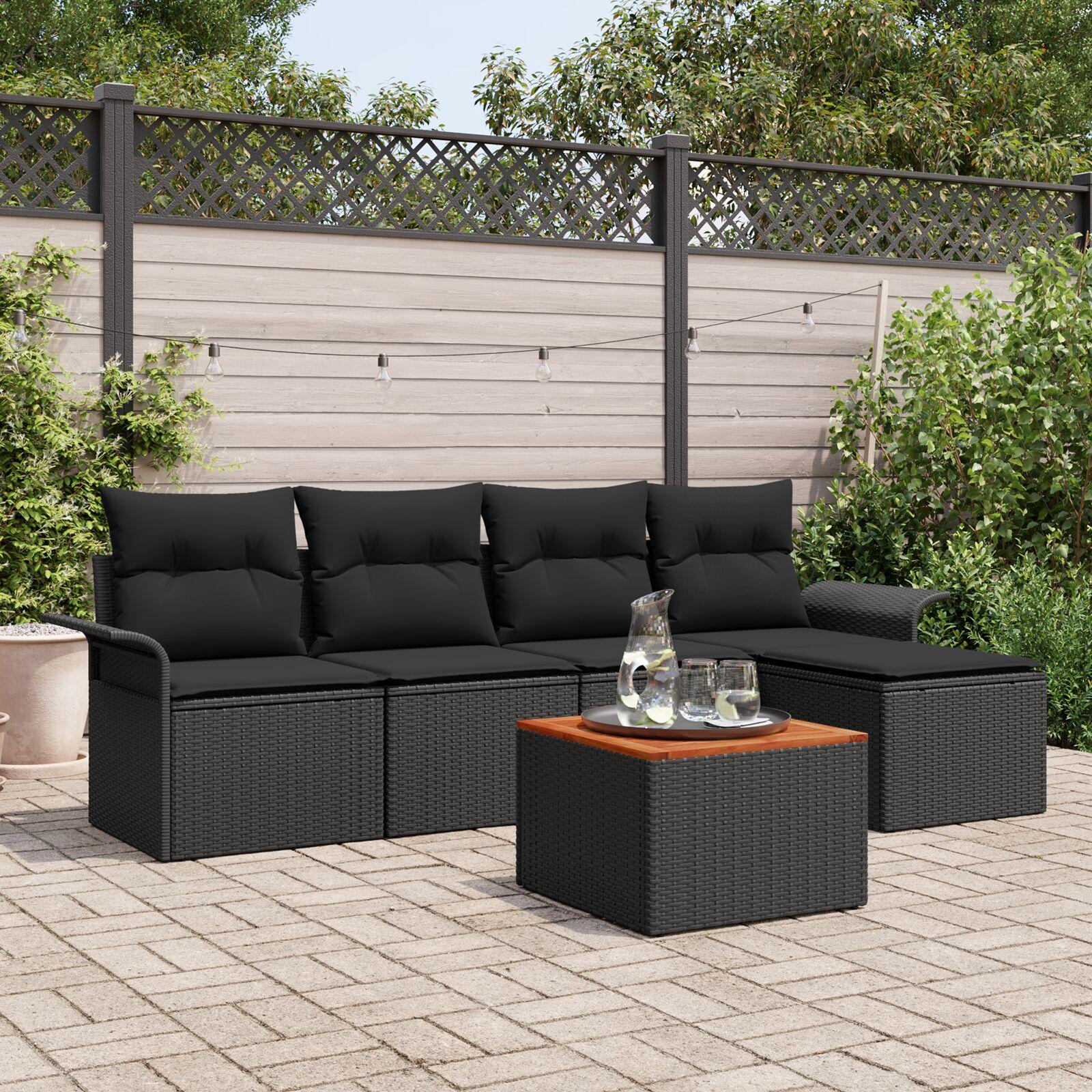 6 Delt Have Sofa Sæt med Puder Sort Poly Rattan Acacia