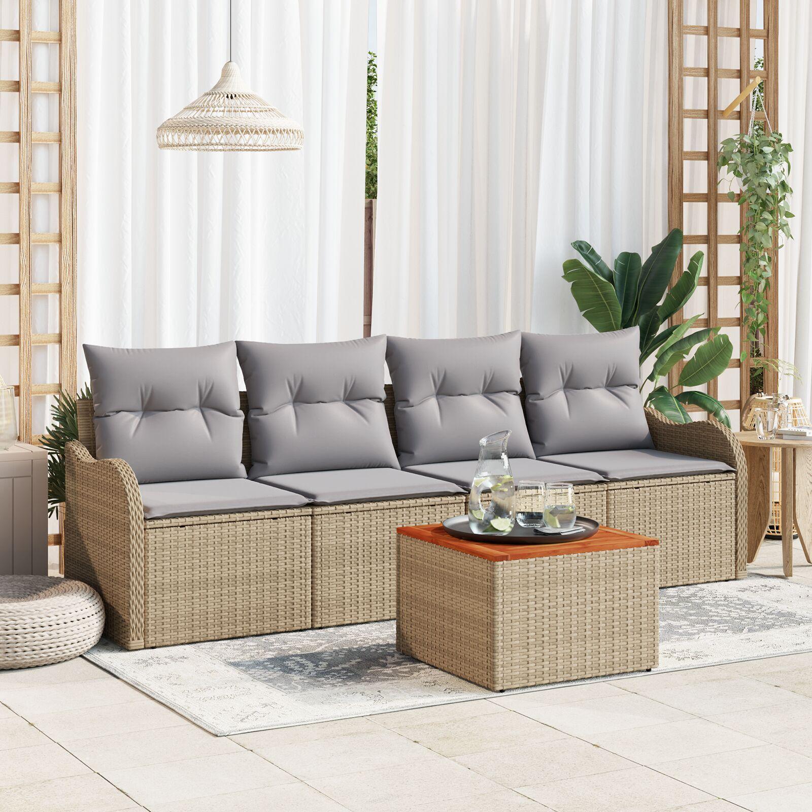 5 Stykke Have Sofa Sæt med Hynder Beige Poly Rattan Akacietræ