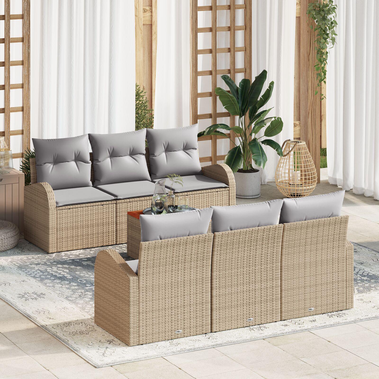 7 Delt Have Sofa Sæt med Puder Beige Poly Rattan Akacia