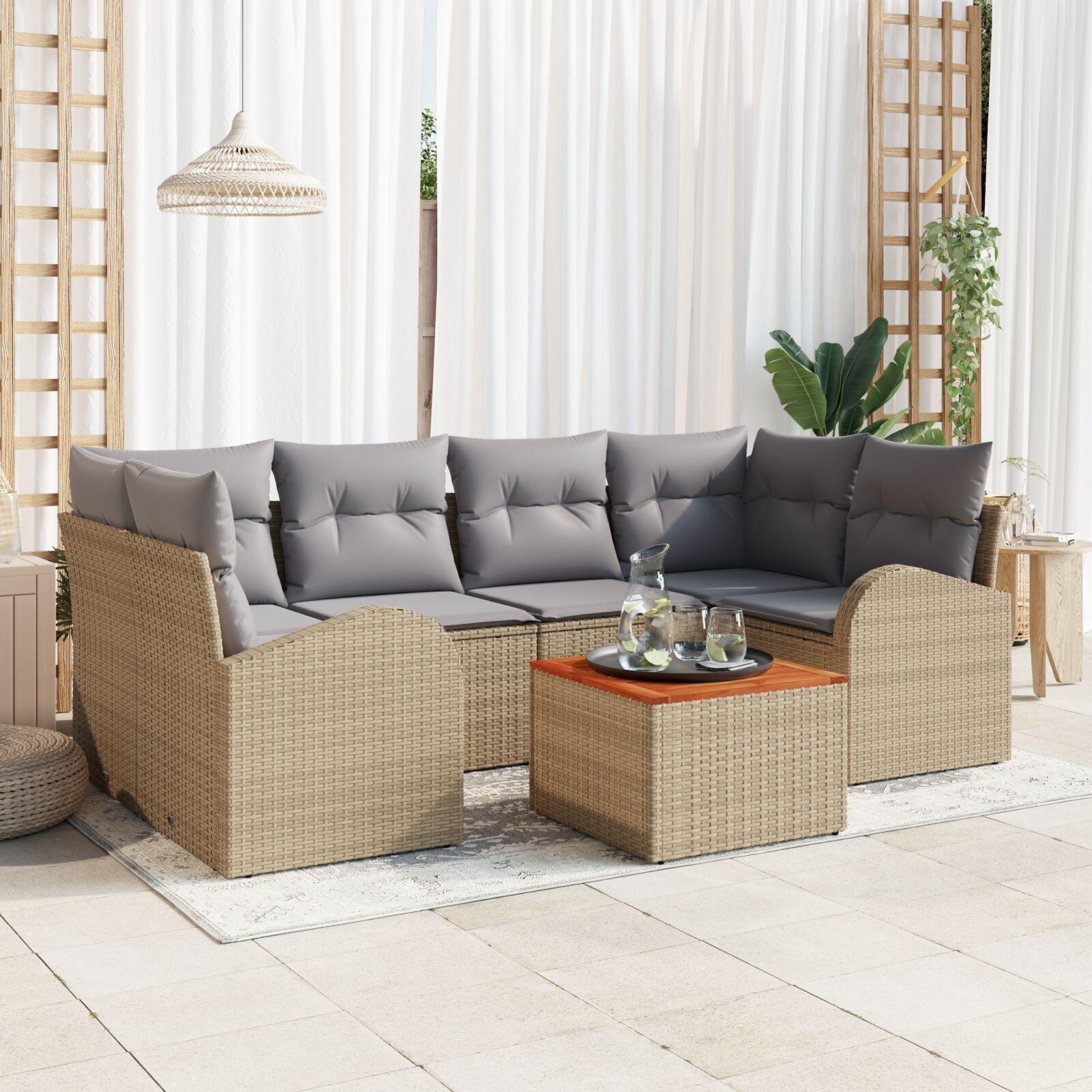 7 Delt Have Sofa Sæt med Puder Beige Poly Rattan Akacia
