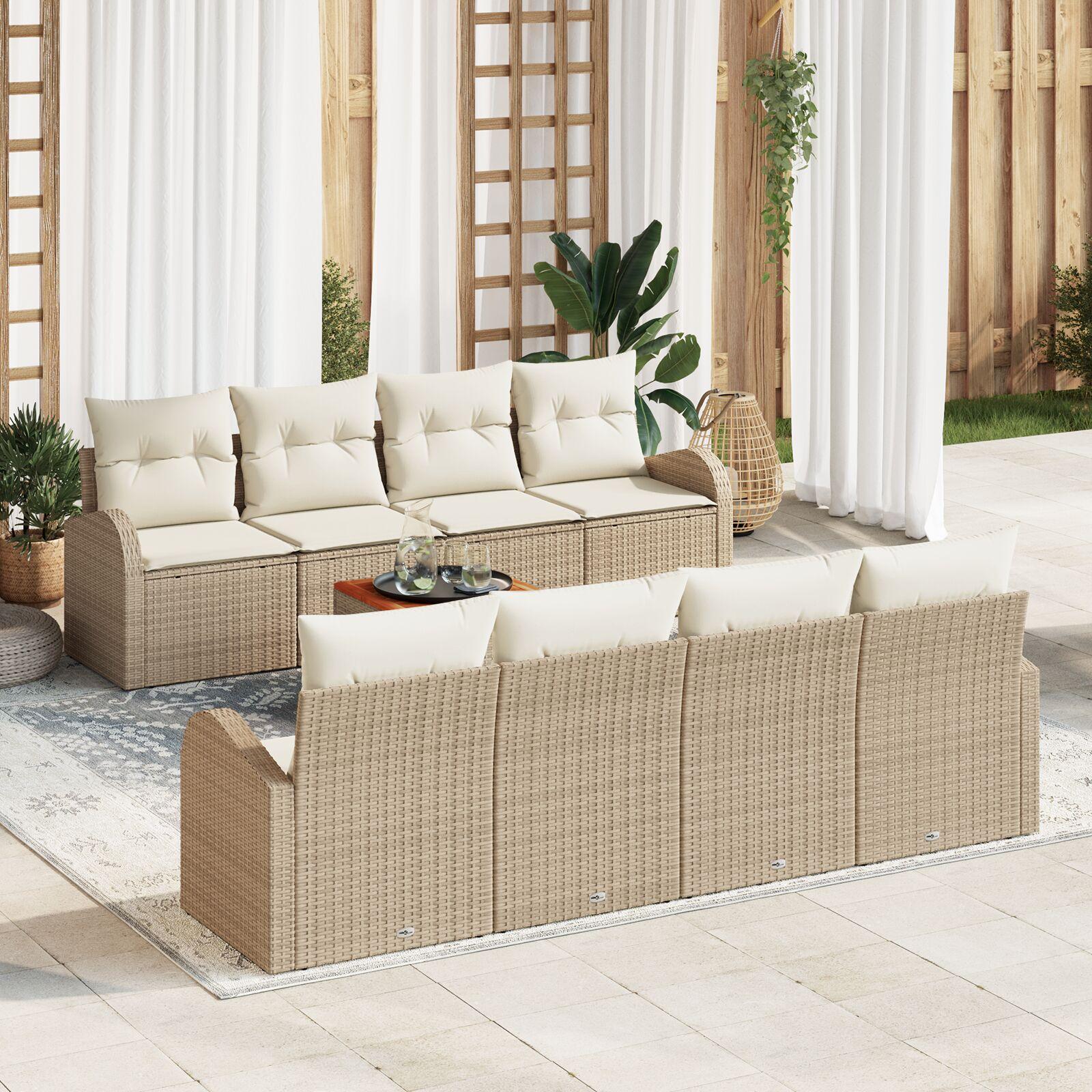 9 Delt Have Sofa Sæt med Hynder Beige Poly Rattan Akacia