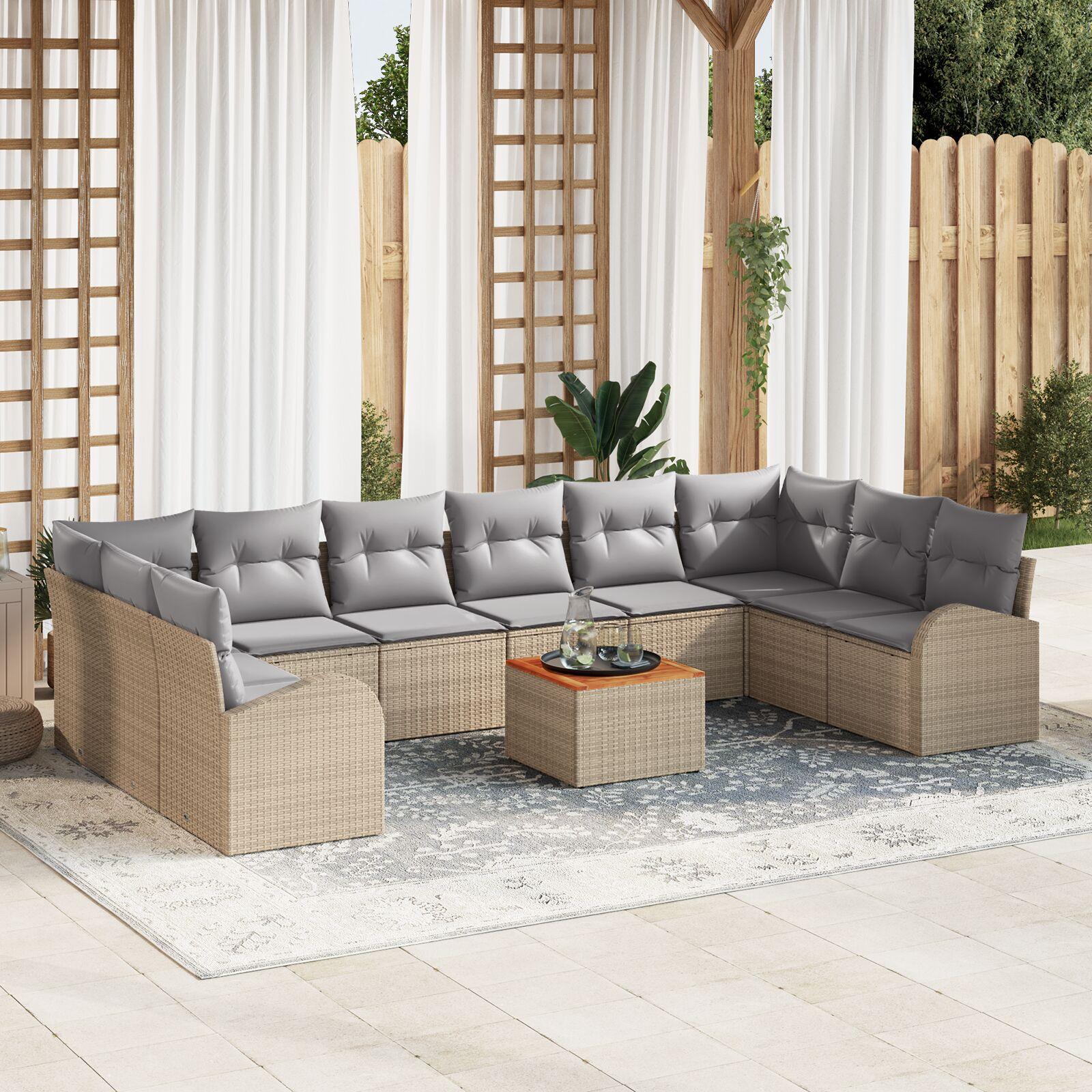 11 Delt Have Sofa Sæt med Puder Beige Poly Rattan Akacia