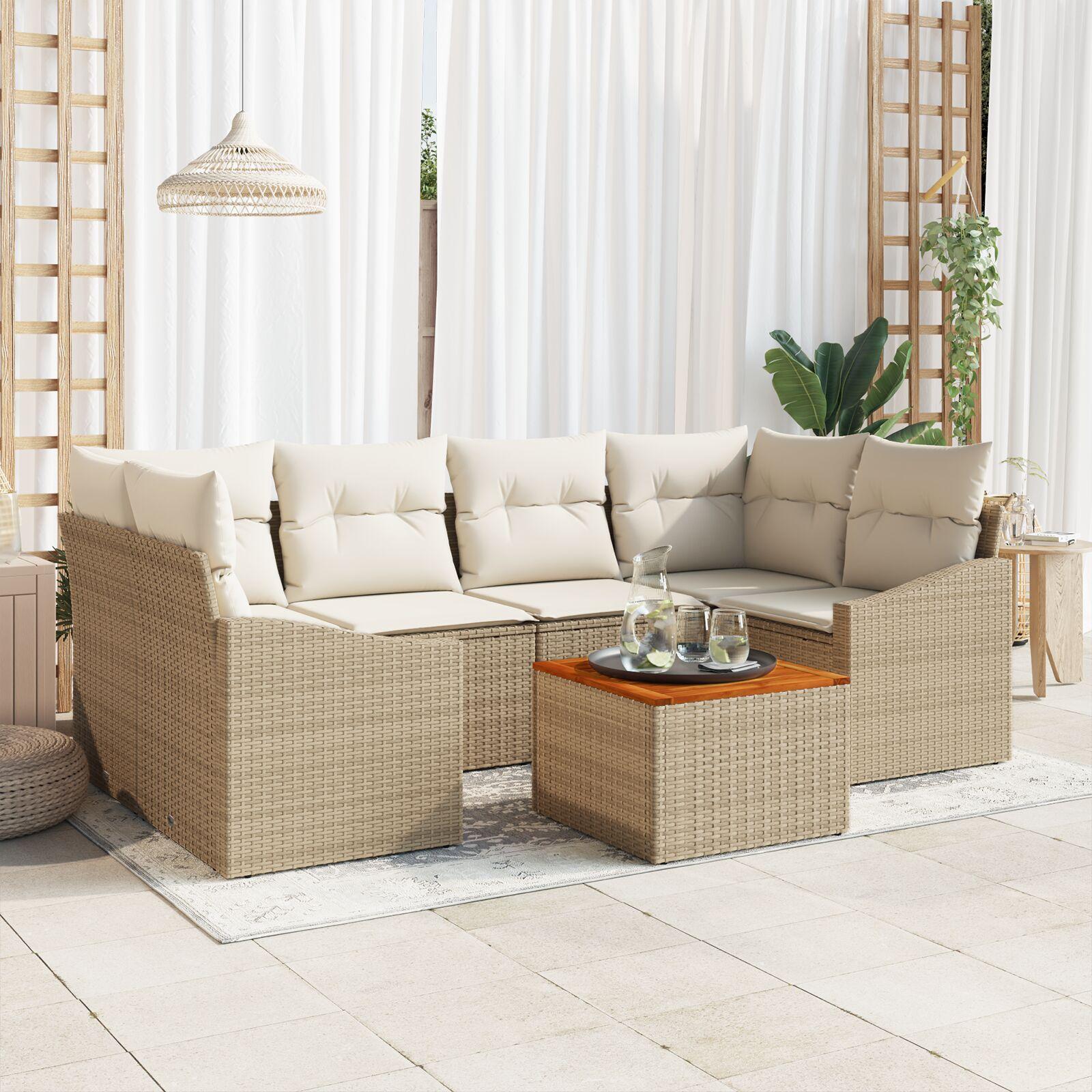 7 Delers Have Sofa Sæt med Puder Beige Poly Rattan Akacie