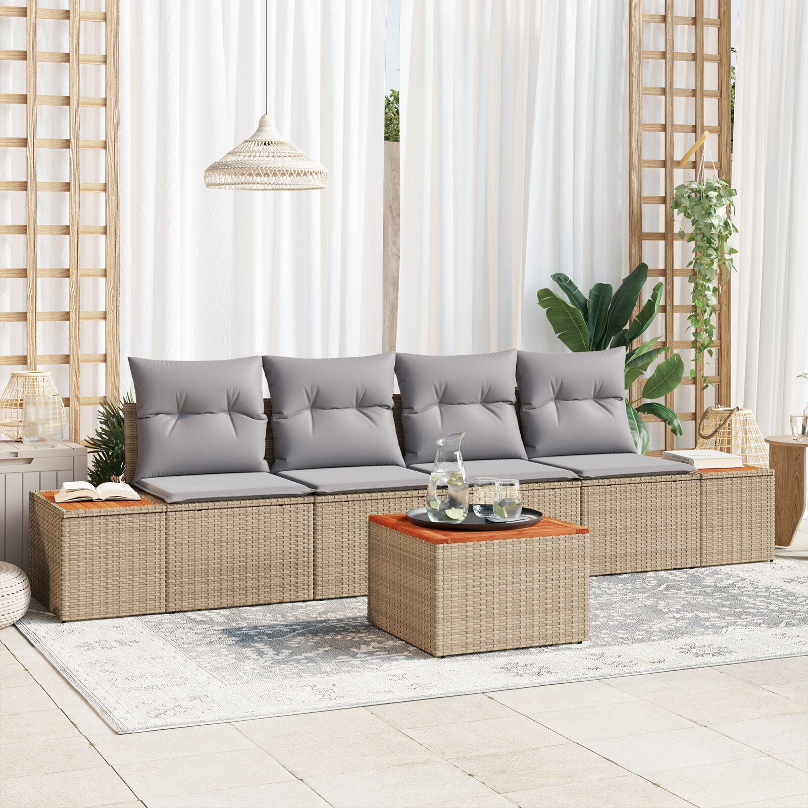 5-delt Have Sofa Sæt med Puder Beige Poly Rattan Akacie