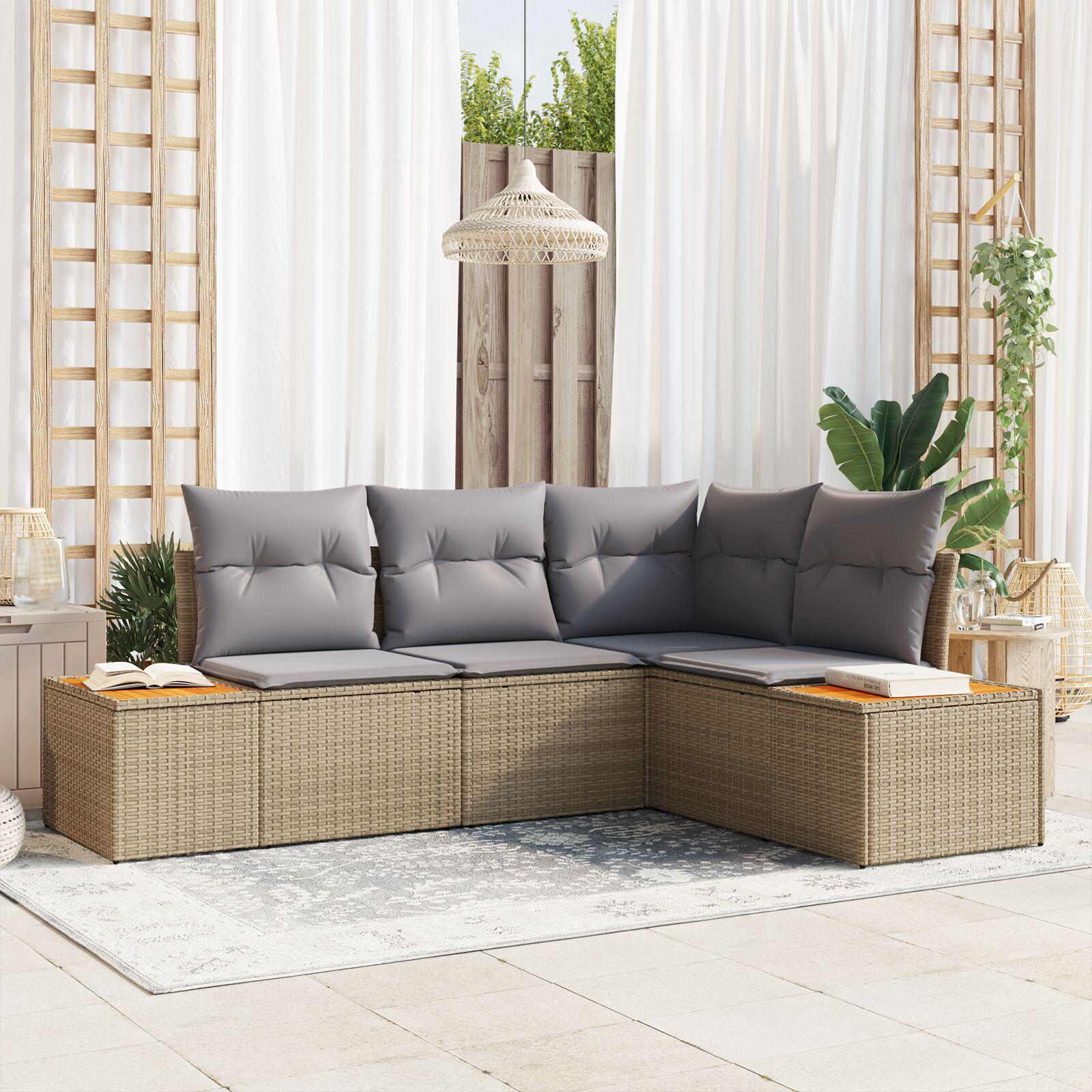 4 Stykker Have Sofa Sæt med Puder Beige Poly Rattan Akacietræ