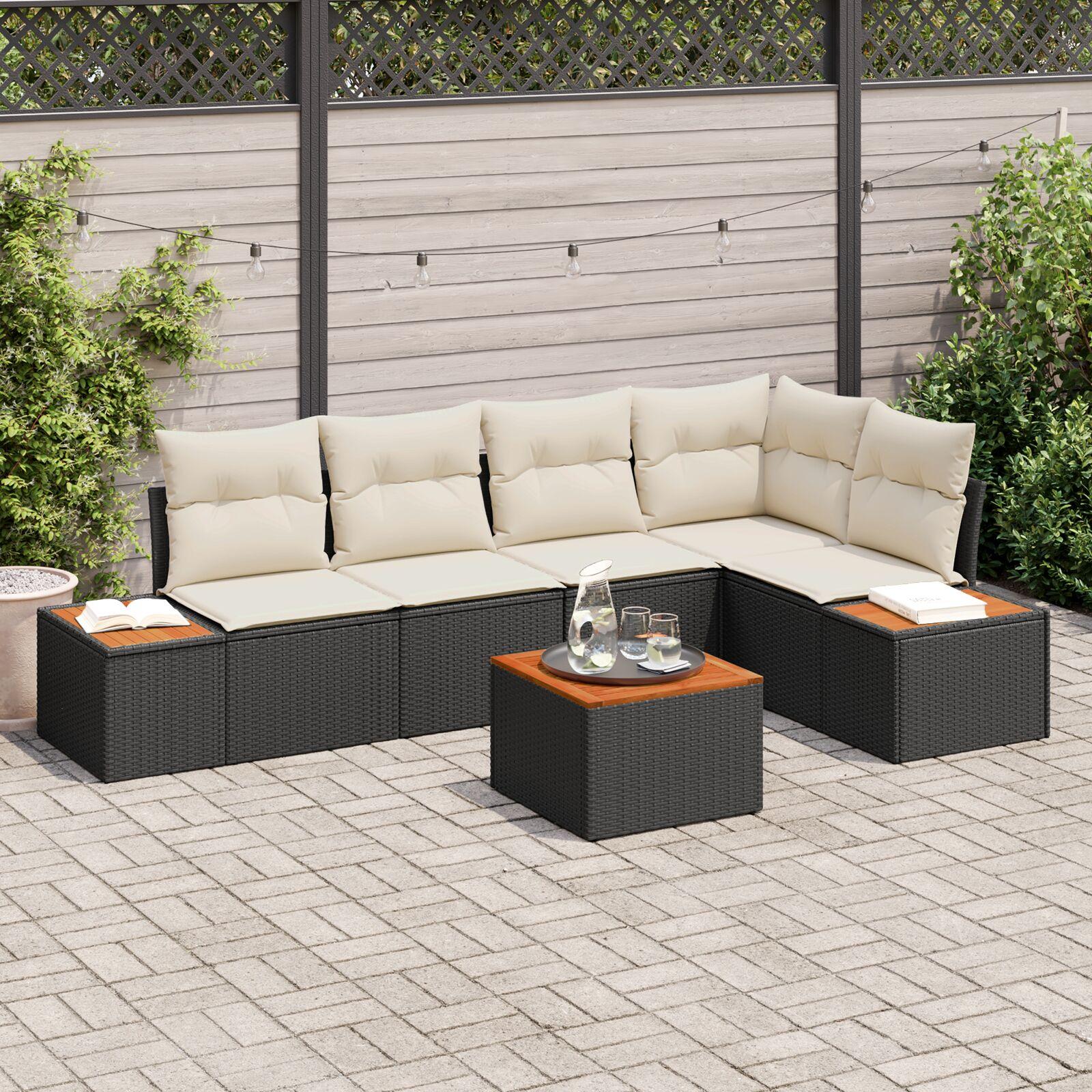 6 Deles Have Sofa Sæt Med Puder Sort Polyrattan Akacie