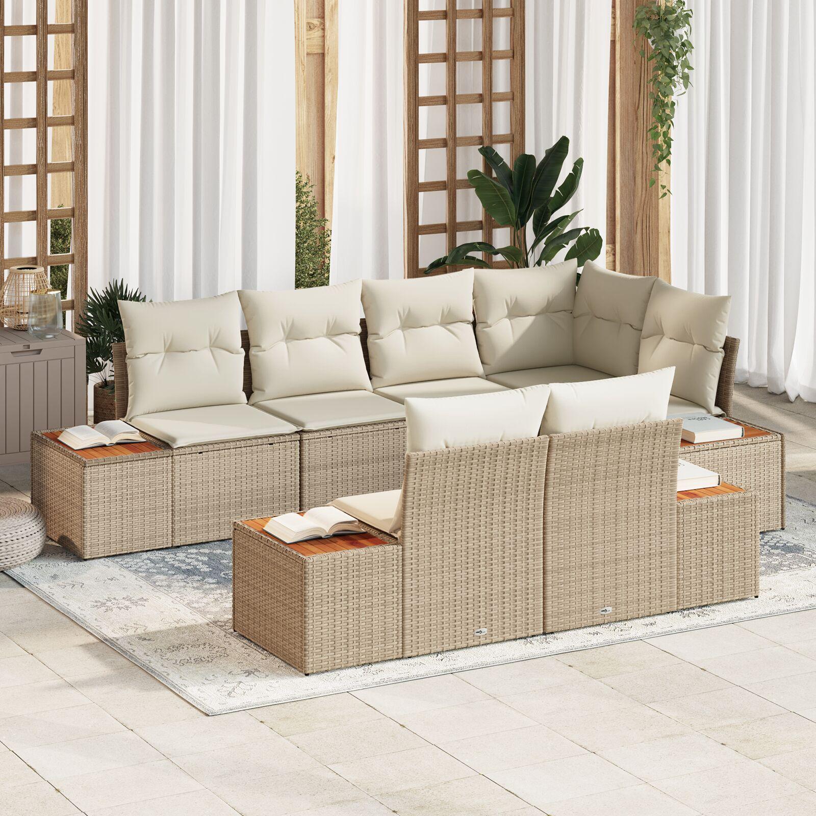 7 Piece Have Sofa Sæt med Puder Beige Poly Rattan Akacietræ