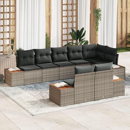 8 Delt Have Sofa Sæt med Puder Grå Poly Rattan Acacia