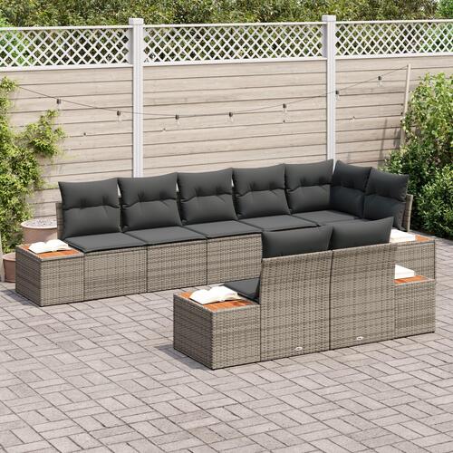 8 Delt Have Sofa Sæt med Puder Grå Poly Rattan Acacia