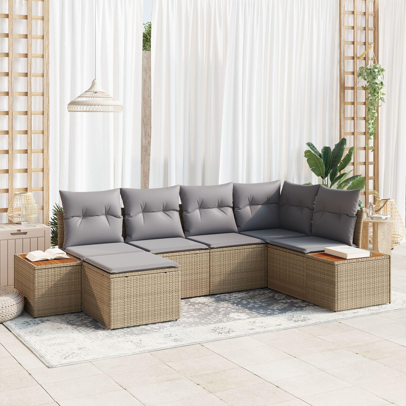 6 Stykker Have Sofa Sæt med Hynder - Beige Polyrattan Akacia