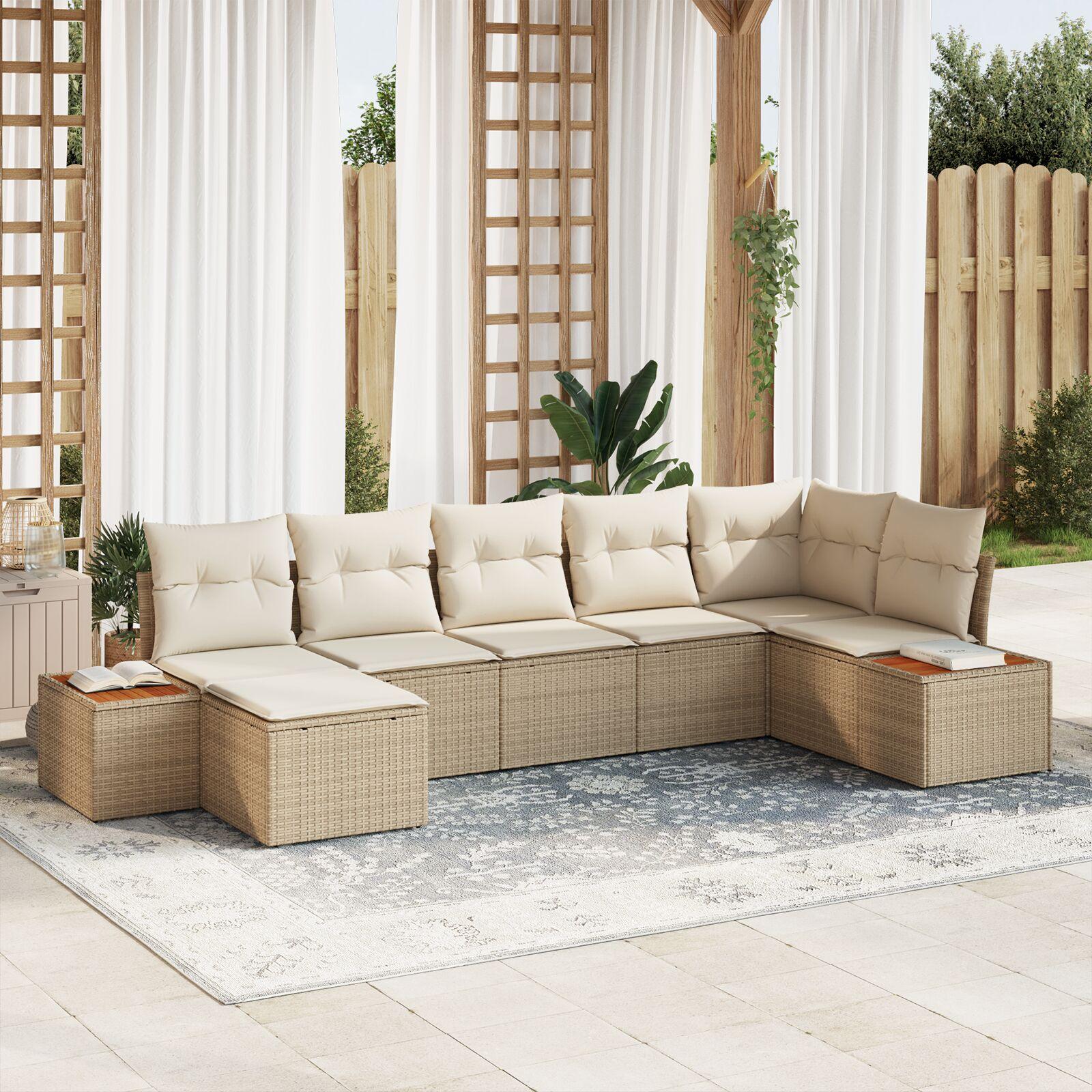 7 Deles Have Sofa Sæt med Puder Beige Poly Rattan Akacia