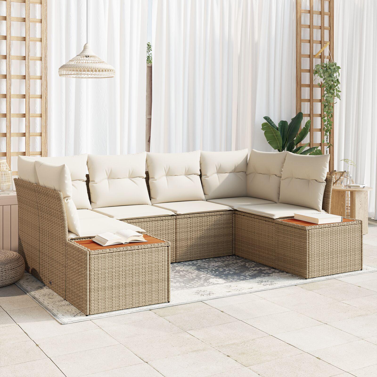 6 Stykker Have Sofa Sæt med Hynder Beige Poly Rattan Akacietræ