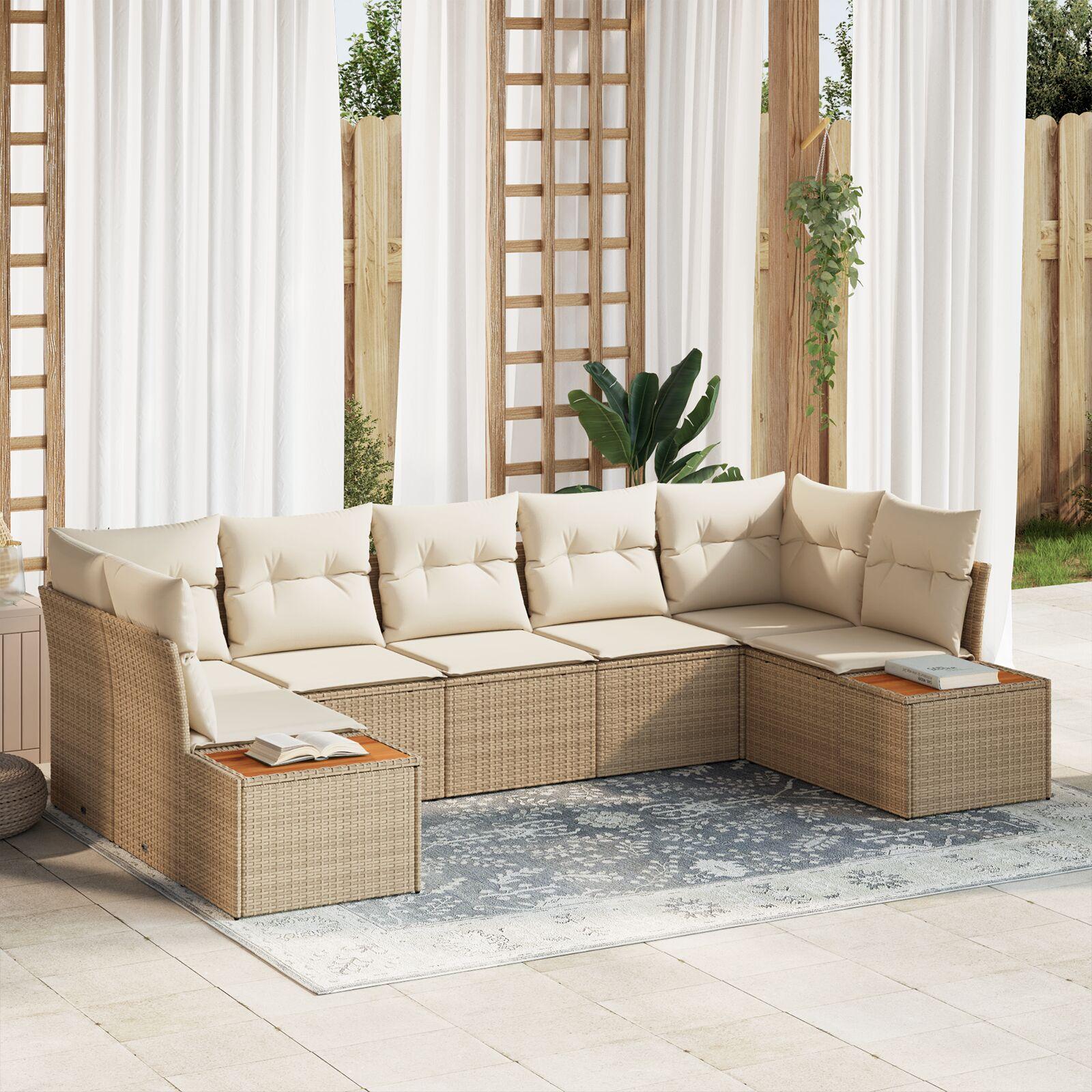 7 Stykker Have Sofa Sæt med Hynder Beige Poly Rattan Akacia