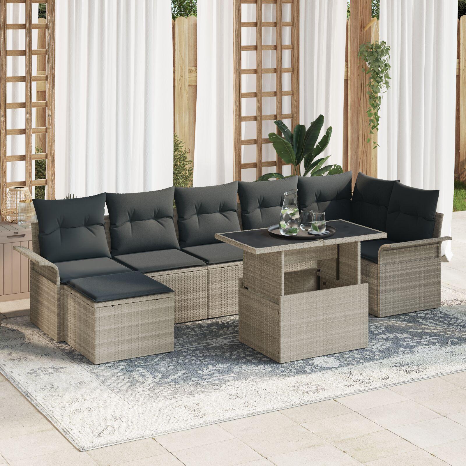 8 Delers Have Sofa Sæt med Pudebetræk Lys Grå Poly Rattan