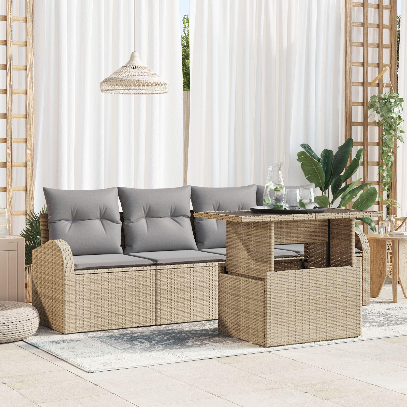 Havesofa Sæt med pude 5 stk Beige Poly rattan billede