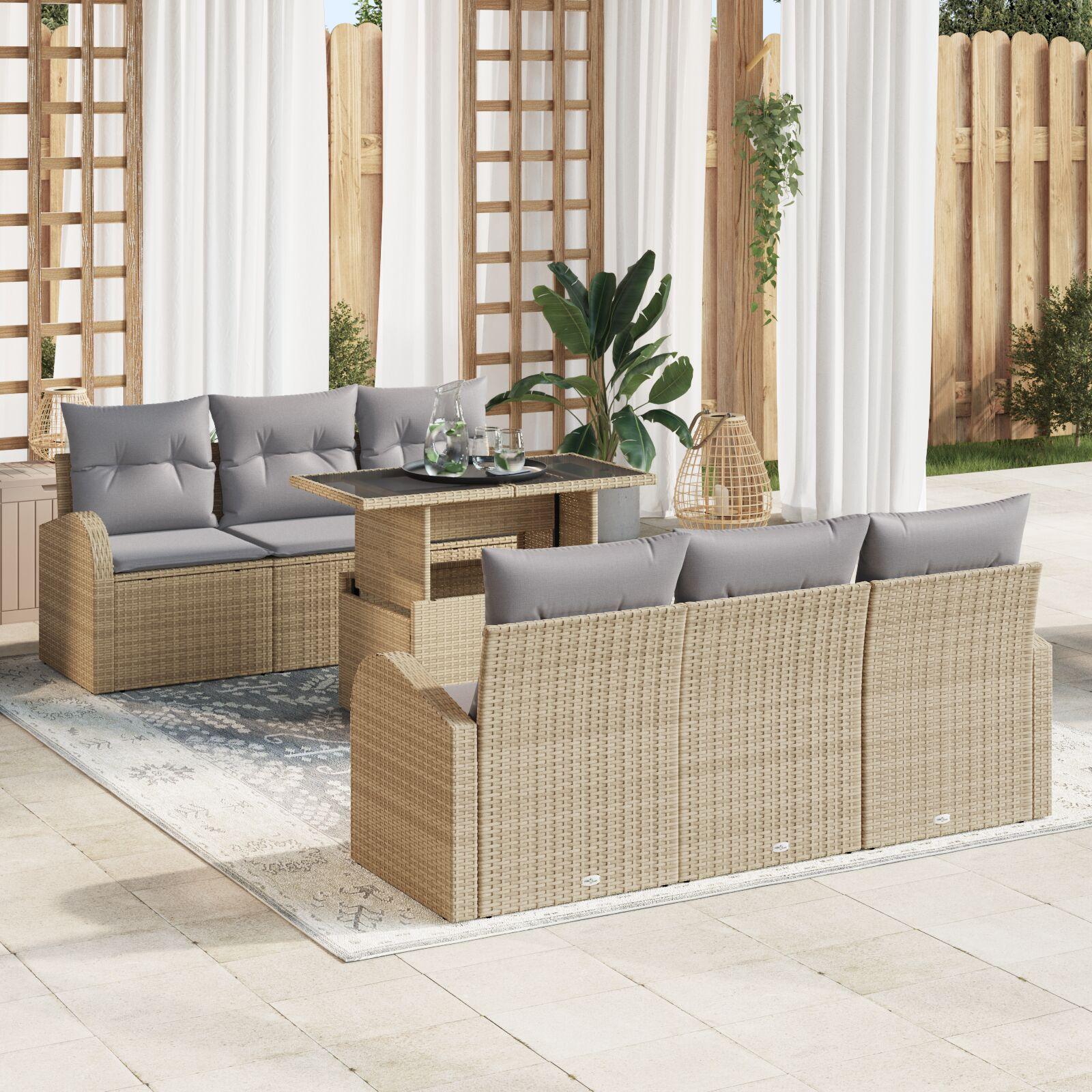 7 Deles Havesofa Sæt med Hynder Beige Poly Rattan
