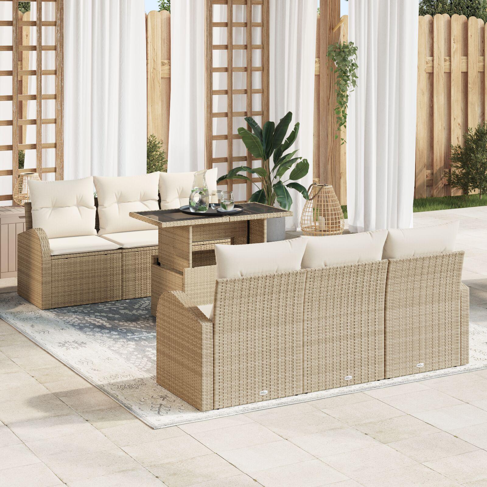 7 Delt Have Sofa Sæt med Puder Beige Poly Rattan