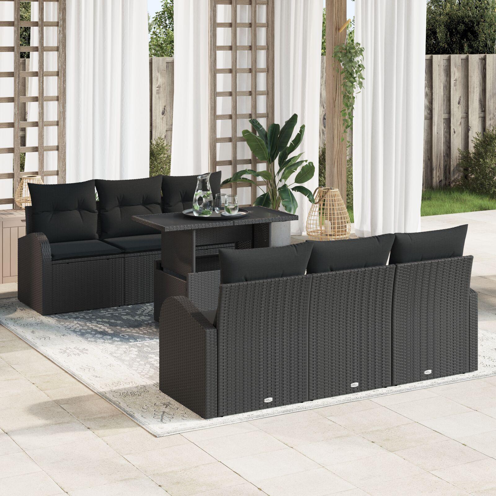 Havesofa Sæt med pude 7 stk Sort Poly rattan billede