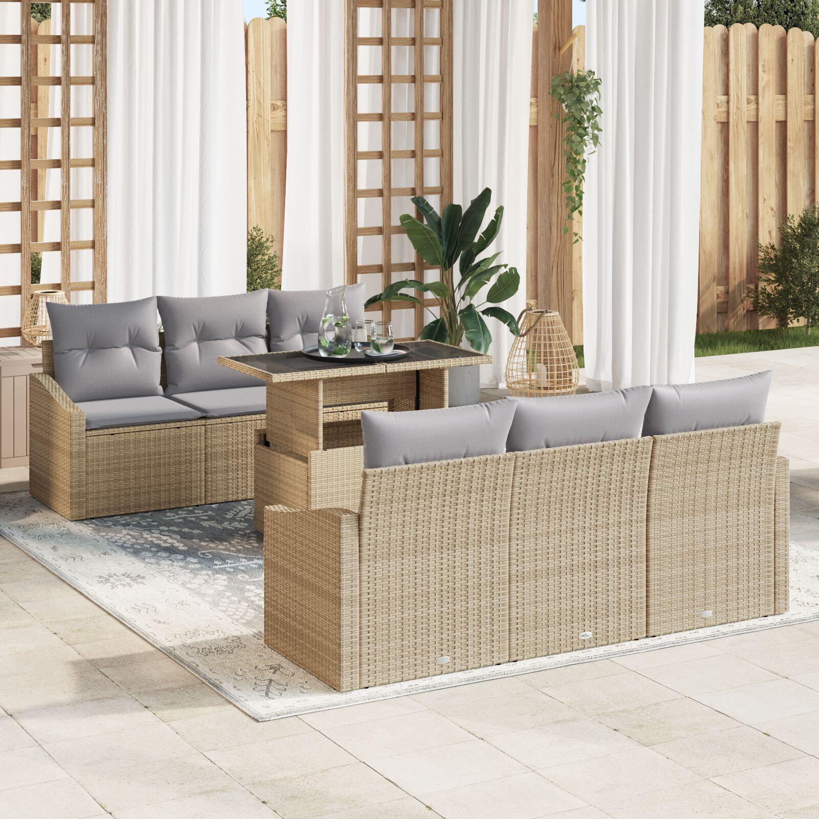 7 Delt Have Sofa Sæt med Puder Beige Poly Rattan