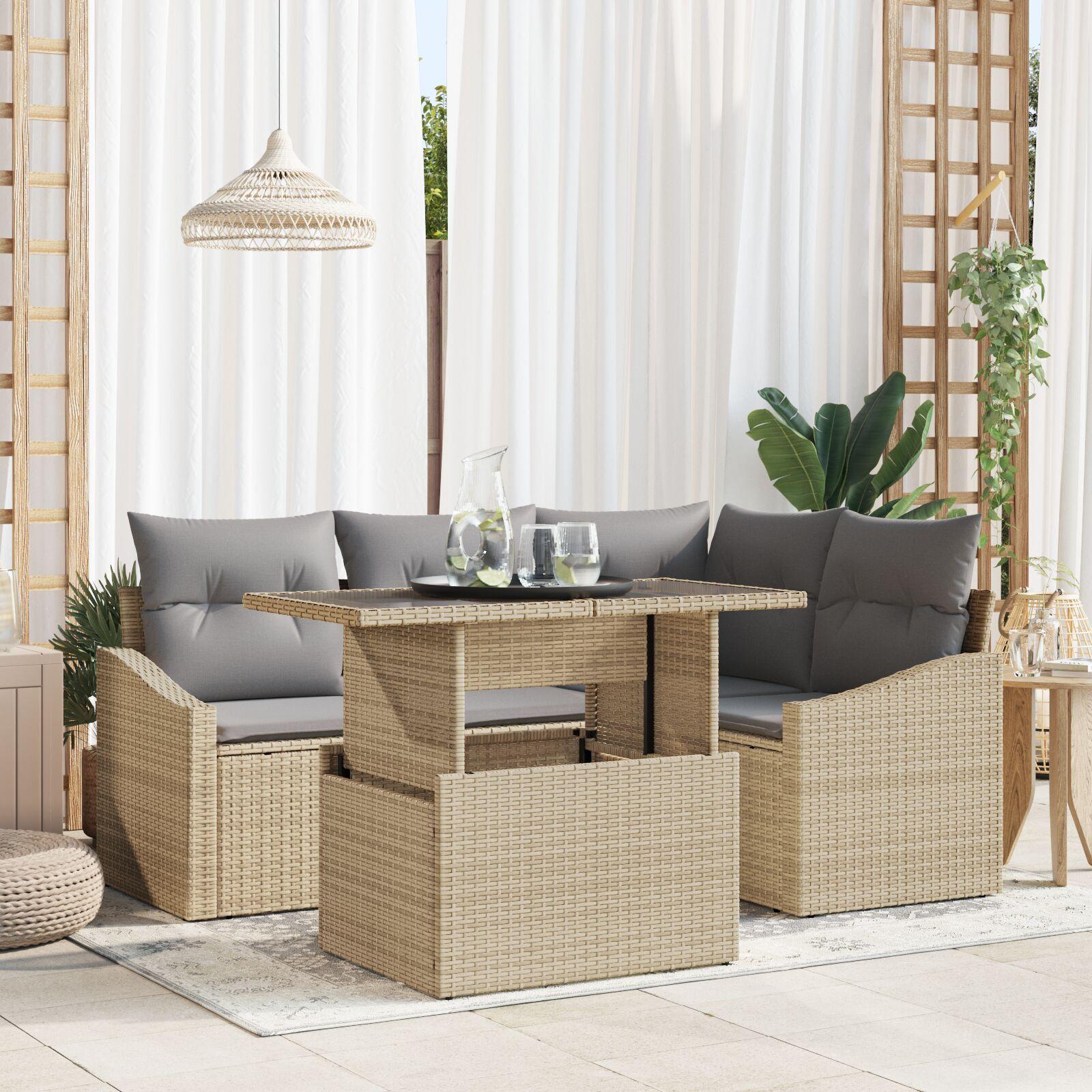 5 Delers Havesofa Sæt med Puder Beige Poly Rattan